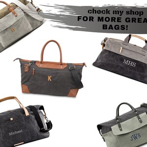 May include: Five different canvas travel bags with leather accents and personalized embroidery. The bags are in various shades of gray and feature different initials and names. The text "check my shop FOR MORE GREAT BAGS!" is written in black on a gray background.