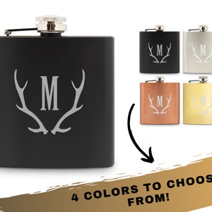 Custom Initial Flask - Antler Design Flask - Hunting Theme Flask - Camping Theme Flask - Best Man Gift - Groomsman Gift - Gift for the Groom
