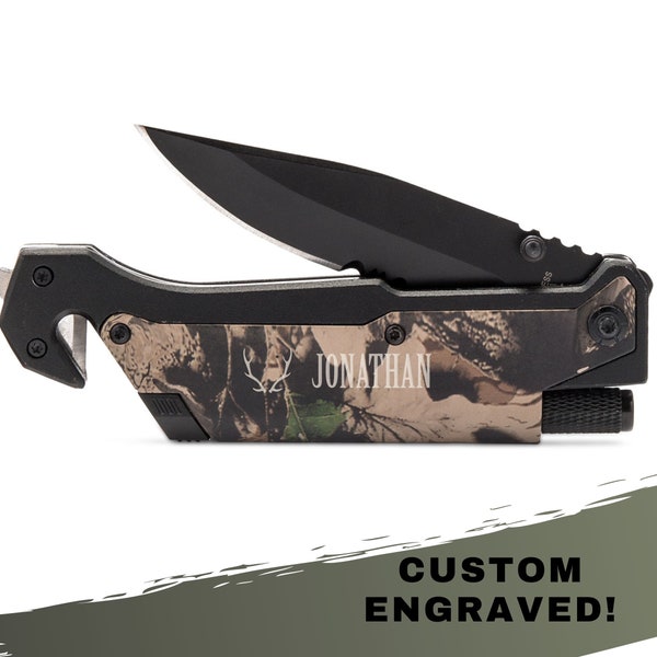 Camo Print Survival Knife with Antler Print - Personalized Camping Knife - His Birthday - Father's Day - Husband Gift - Hunter Gift - Custom