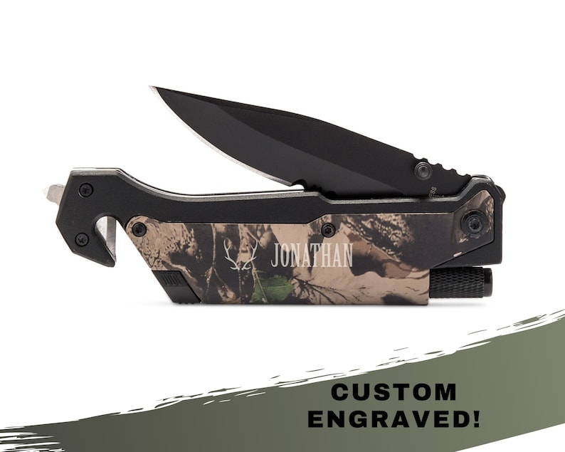 May include: A black and camo multi-tool with a knife blade, a seatbelt cutter, and a flashlight. The tool is engraved with the name "JONATHAN".