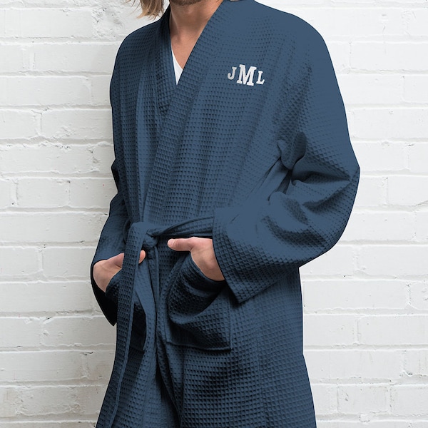 Personalized Men's Navy Waffle Robe – Custom Name Robe – Embroidered Men's Robe - Personalized Groom Robe - Groomsman Gift - Best Man Gift