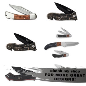May include: Five different pocket knives with personalized names on the handles. The knives have different handle designs, including wood, camouflage, and black with red accents. The text "check my shop FOR MORE GREAT DESIGNS!" is visible at the bottom of the image.