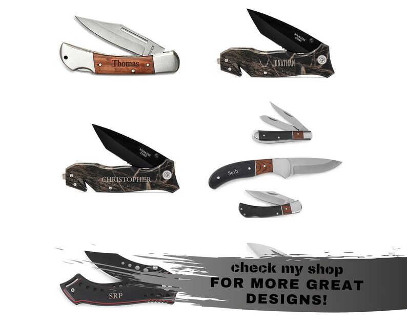 May include: Five different pocket knives with personalized names on the handles. The knives have different handle designs, including wood, camouflage, and black with red accents. The text "check my shop FOR MORE GREAT DESIGNS!" is visible at the bottom of the image.