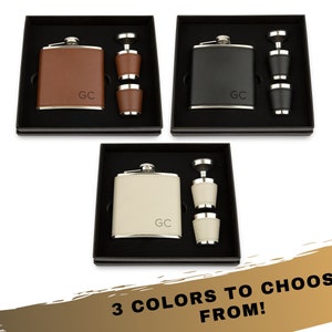 Engraved Faux Leather Wrapped Flask Gift Set - Personalized Men's Gift Set - Groomsman Gift Set - Best Man Gift Set - Custom Groom Gift Set