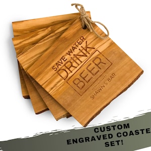 Personalized Wooden Coaster Set - Save Water Drink Beer - Set of 4 Coasters with Raw Bark Edge - Best Man Gift - Groomsman Gift - Groom Gift