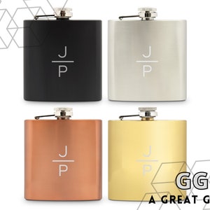 May include: Four hip flask styles in black, silver, copper, and gold with the initials "J/P" engraved on each.  A great gift!