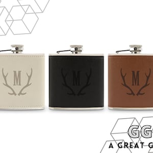 Custom Initial Antler Flask - Hunting Lover Gift - Gifts Under 25 - Gift for Him - Gift for Dad - His Christmas Gift - Personalized Flask