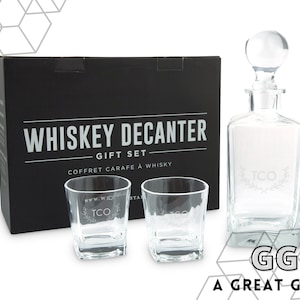 Monogram Whiskey Decanter Gift Set - Aangepaste gegraveerde glazen karafset met bril - Cadeau voor hem - Cadeau voor papa - Valentijnsdagcadeau
