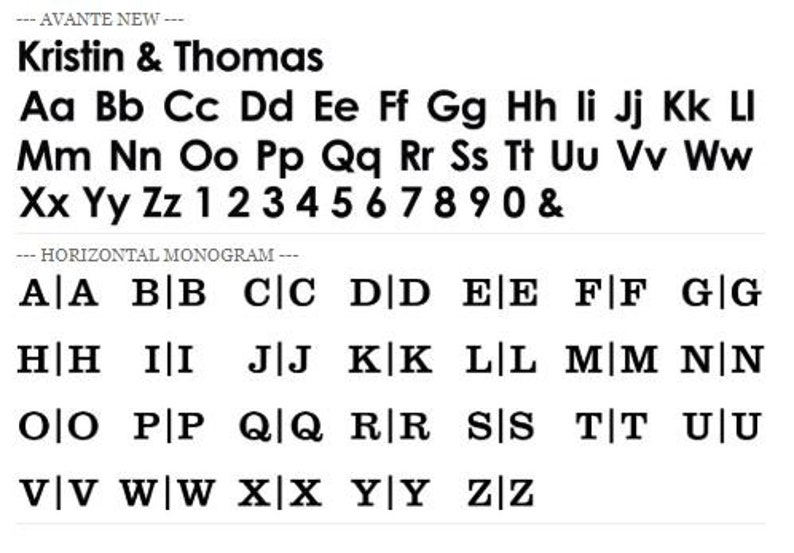 May include: A black and white typography chart featuring the words "Kristin & Thomas" in a bold font. The chart displays the full alphabet, numbers, and symbols, along with a horizontal monogram section.