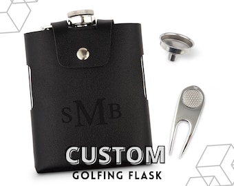 Groomsman Gift - Monogram Golf Flask Gift Set – Stainless Steel, Personalized, Bachelor Party Favor