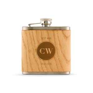 Father&#39;s Day Gift - Circle Monogram Flask - Custom Wood Wrapped Flask - Personalized Stainless Steel Flask - Stocking Stuffers for Him - Dad