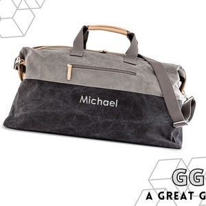 Sac de voyage personnalisé en toile pour homme - Sac de voyage avec nom personnalisé - Cadeaux pour papa - Cadeau pour petit ami - Sac de voyage noir et gris - Grand sac de voyage