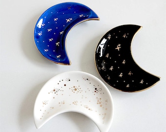 Nordic Ceramic Moon Shape Small Jewelry Dish/ Shinny Moon Jewelry Organizer/ Jewelry Decoration Tray