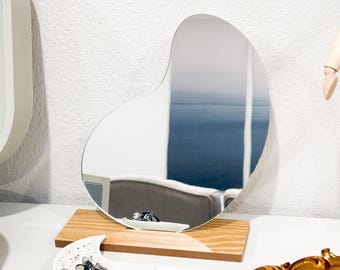 Irregular Acrylic Vanity Mirror with Wood Base, Modern Home Decor