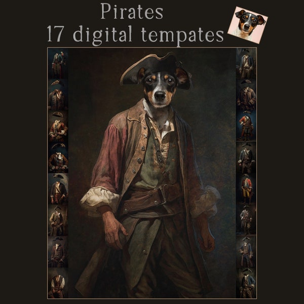 Pirates - 17 vintage portrait templates bundle -  pet portrait, overlay, oil painting style overlay digital, fun gift, dogs, cats