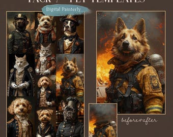 PAQUETE 7 - Retratos divertidos de mascotas - 10 plantillas de retratos masculinos vintage, superposición de mascota real, pintura al óleo, fondo digital, idea de regalo divertida