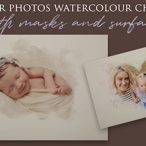 33 digital png watercolour watercolor masks + 6 textured surfaces (paper/canvas) - photos into watercolour - for photographers