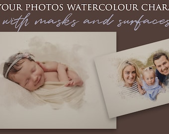 33 digital png watercolour watercolor masks + 6 textured surfaces (paper/canvas) - photos into watercolour - for photographers