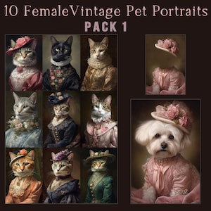 Może przedstawiać: Cyfrowy kolaż 10 portretów zwierząt domowych w stylu vintage przedstawiających koty i psa w eleganckich ubraniach i kapeluszach. Portrety są ułożone w siatkę z tekstem "10 Female Vintage Pet Portraits PACK 1" u góry.