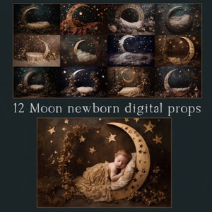 Könnte beinhalten: Eine Sammlung von 12 digitalen Neugeborenen-Requisiten mit Mond- und Sterndesign. Die Requisiten umfassen Mondbetten und sternenklare Hintergründe, ideal für Babyfotografie. Das Bild zeigt auch ein Baby, das in einer goldenen Mond-Requisite schläft.