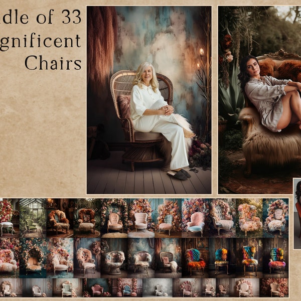 Magnificent Chairs - bundle of 33 digital backgrounds -  digital overlays  for photographers, floral fantasy chairs, boho style