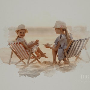 May include: Two young girls wearing straw hats sit in striped beach chairs on a sandy beach. The girls are smiling and looking at each other. The image has a watercolor effect.