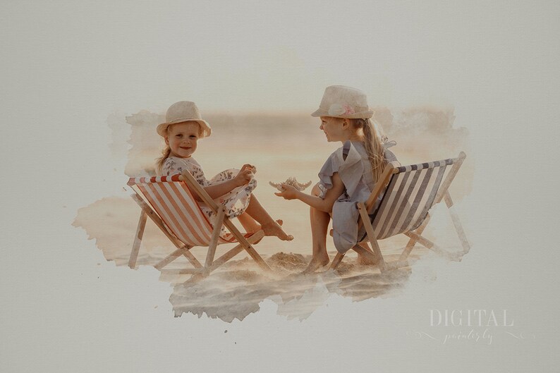 May include: Two young girls wearing straw hats sit in striped beach chairs on a sandy beach. The girls are smiling and looking at each other. The image has a watercolor effect.
