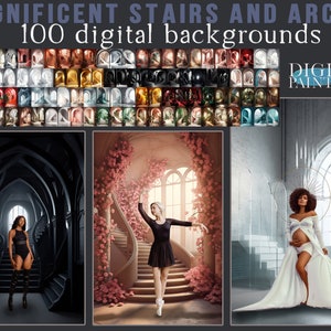 May include: A digital art collection of 100 backgrounds featuring stairs and arches in various styles. The backgrounds are perfect for adding a touch of elegance and grandeur to your digital art projects.  The collection includes a variety of colors and textures, from dark and moody to light and airy.  The backgrounds are high-resolution and can be used for a variety of purposes, such as creating website banners, social media graphics, and digital art prints.