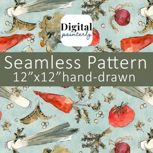 May include: A hand-drawn seamless pattern with watercolour illustrations of vegetables, including carrots, tomatoes, and peas, on a light blue background. The pattern is 30.48cm x 30.48cm. The text "Digital painterly" is in the upper right corner.