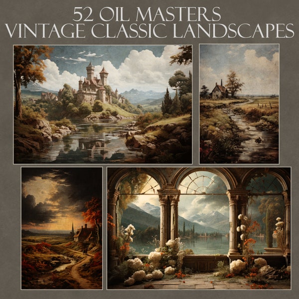 Bundle of 52 digital backdrops Old Masters landscapes inspired scenery, fine art, painterly style, highly textured, vintage, classic
