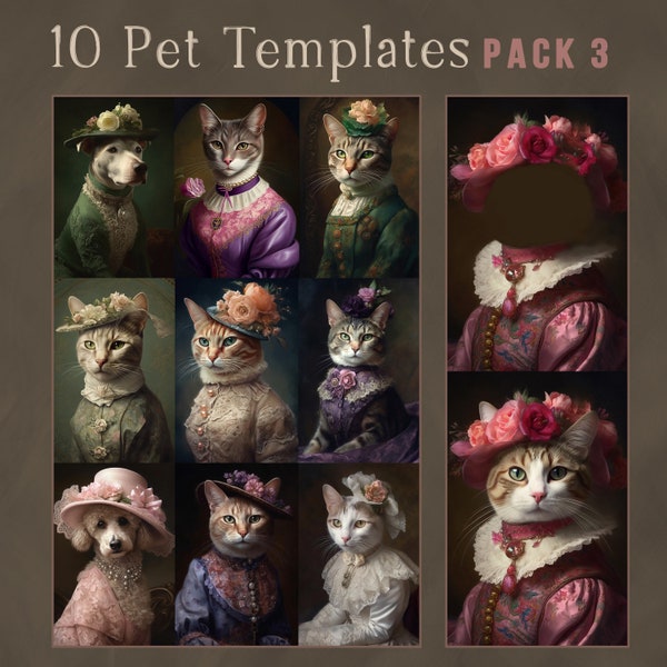 PACK 3 - 10 Vintage female portrait templates - royal pet, overlay, oil painting digital, digital background