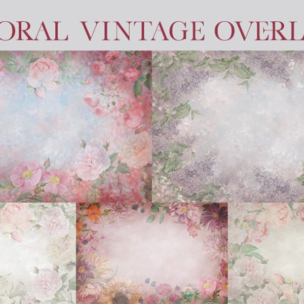 Delicate Vintage Flowers - set of 5 digital overlays backdrops, backgrounds, fine art