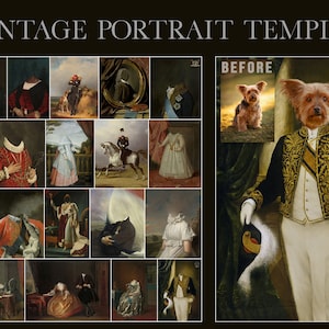 May include: A selection of 20 vintage portrait templates, showcasing classic paintings with spaces for custom faces. The image includes a dog portrait example with the text "BEFORE". The overall theme is historical and artistic.
