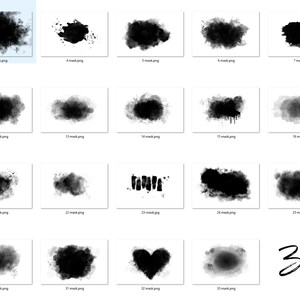 May include: A set of 33 black and white watercolor brushstroke masks. The masks are in various shapes and sizes, and some have a slightly textured appearance.