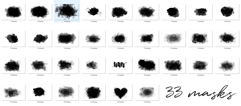 May include: A set of 33 black and white watercolor brushstroke masks. The masks are in various shapes and sizes, and some have a slightly textured appearance.