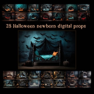 Cenário digital recém-nascido, download de sobreposição de suporte de fundo de Halloween, cenário recém-nascido para fotógrafos, sobreposição digital, digital