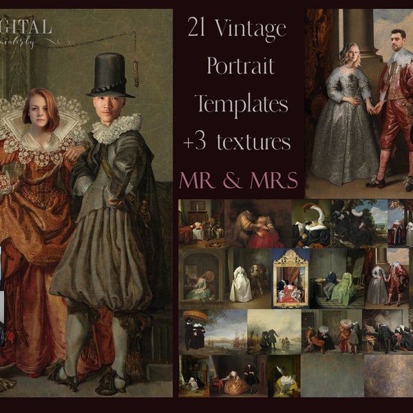 21 vintage portrait templates - Couples, mr & mrs, royal pet, overlay, oil painting digital