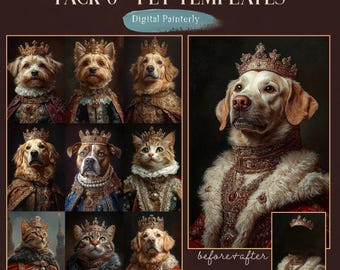 PAQUETE 6 - Los animales mandan - 10 plantillas de retratos masculinos vintage - mascota real, superposición, pintura al óleo digital, fondo digital, idea de regalo divertida