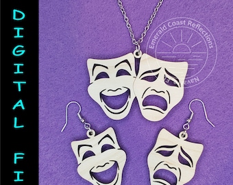 Paquete de pendientes y colgantes de máscaras de teatro, comedia y tragedia (archivo digital)
