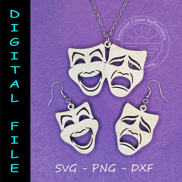 Theatre Comedy Tragedy Masks Earring and Pendant Bundle DIGITAL FILE download