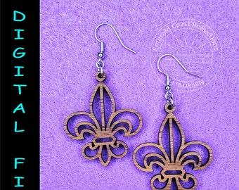May include: A pair of wooden earrings with a fleur-de-lis design. The earrings are brown and have a silver hook. The earrings are on a purple background. The text "SVG - PNG - DXF" is at the bottom of the image.