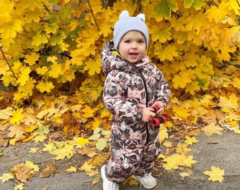 Clothing Unisex Kids Clothing Overalls Children's thermal snowsuit with cute animals forest animals Baby Boy Warm Romper Outfit Baby jumpsuit  Outdoor jumpsuit for children 