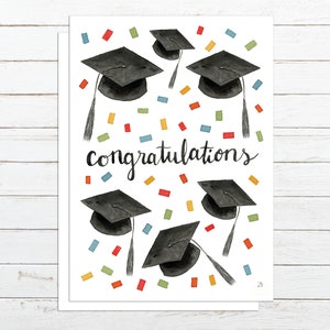 Graduation Card for Graduate Congratulations Confetti Watercolor Card For College Grad Card For High School Graduation Caps Card image 3