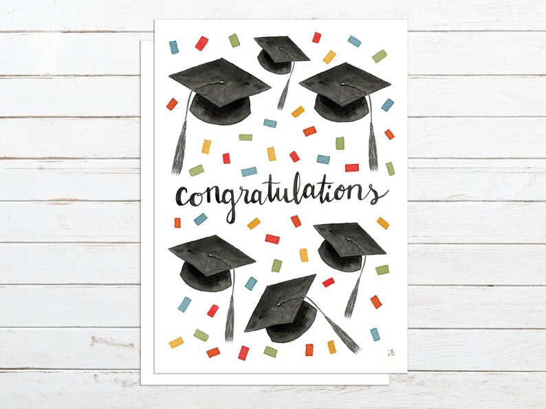 Graduation Card for Graduate Congratulations Confetti Watercolor Card For College Grad Card For High School Graduation Caps Card image 3