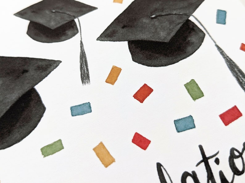 Graduation Card for Graduate Congratulations Confetti Watercolor Card For College Grad Card For High School Graduation Caps Card image 5