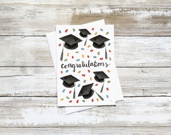 Graduation Card for Graduate Congratulations Confetti Watercolor Card For College Grad Card For High School Graduation Caps Card