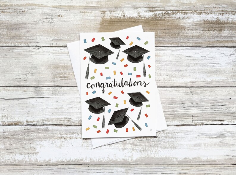 Graduation Card for Graduate Congratulations Confetti Watercolor Card For College Grad Card For High School Graduation Caps Card image 1