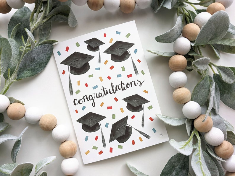 Graduation Card for Graduate Congratulations Confetti Watercolor Card For College Grad Card For High School Graduation Caps Card image 2