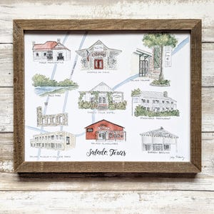 Salado Texas Watercolor Map Art Print: Illustrated Town Square (8x10)