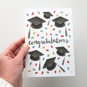 Graduation Card for Graduate Congratulations Confetti Watercolor Card For College Grad Card For High School Graduation Caps Card image 4